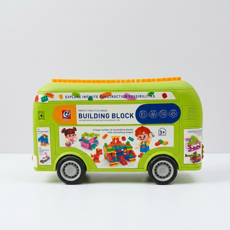 Green toy bus-shaped block storage case with "Building Block" branding and a 3+ age badge on its side