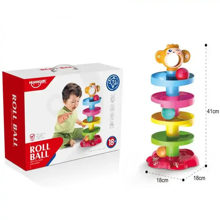 Box front for the Huanger Monkey Ball Drop Tower, showing a toddler playing with it and an "18+" age badge