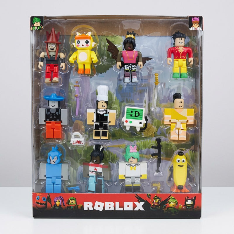 Roblox figure 12-pack window box, showing all twelve blocky characters and their accessories in the blister tray