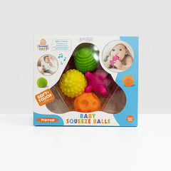 Baby Squeeze Balls box front, Tiptop brand, Soft-Touch badge, 6m+ AGES roundel
