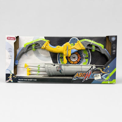 Archery set in its box with the green bow, three yellow-tipped arrows, quiver and scoring target