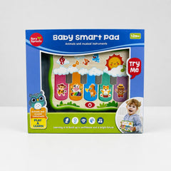Baby Smart Pad in the box window, five coloured keys with a monkey, cow, giraffe, cat and bear