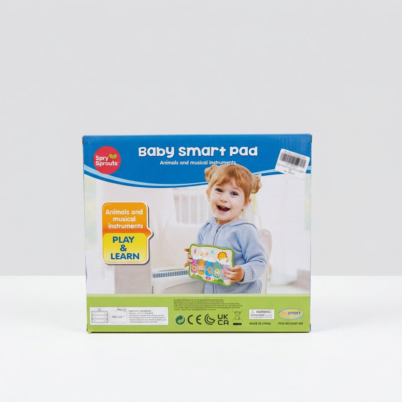 Box back panel with a toddler holding the pad and the Play and Learn badge