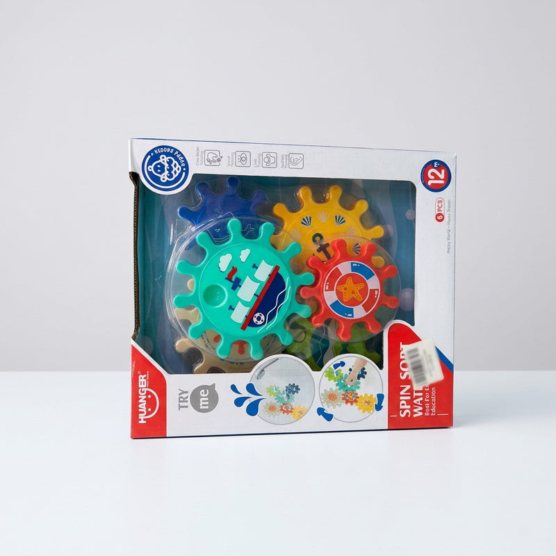 Huanger Spin Sort Water Toy box front with the gear wheels in the window and the 12m+ badge
