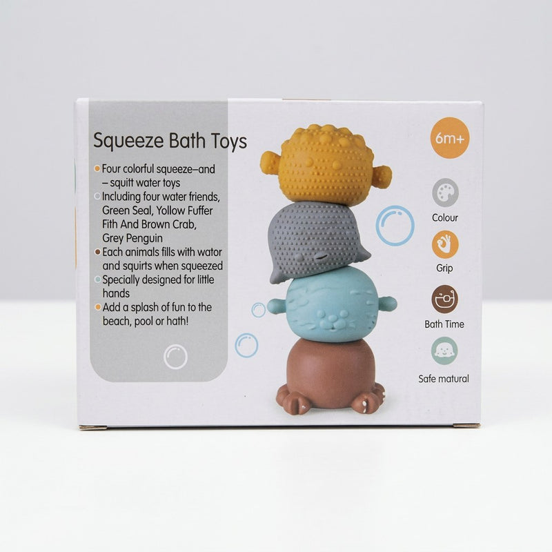 Squeeze Bath Toys box back, showing the stacked seal, puffer fish, crab and penguin figures with the 6m+ age roundel and feature icons