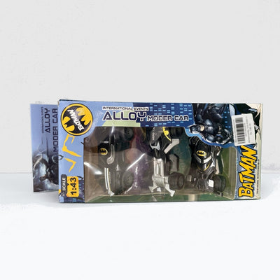 Batman Alloy Model Car box front, three black vehicles behind a clear window