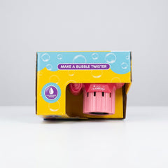 Box top panel reading "Make a bubble twister" with the camera inside