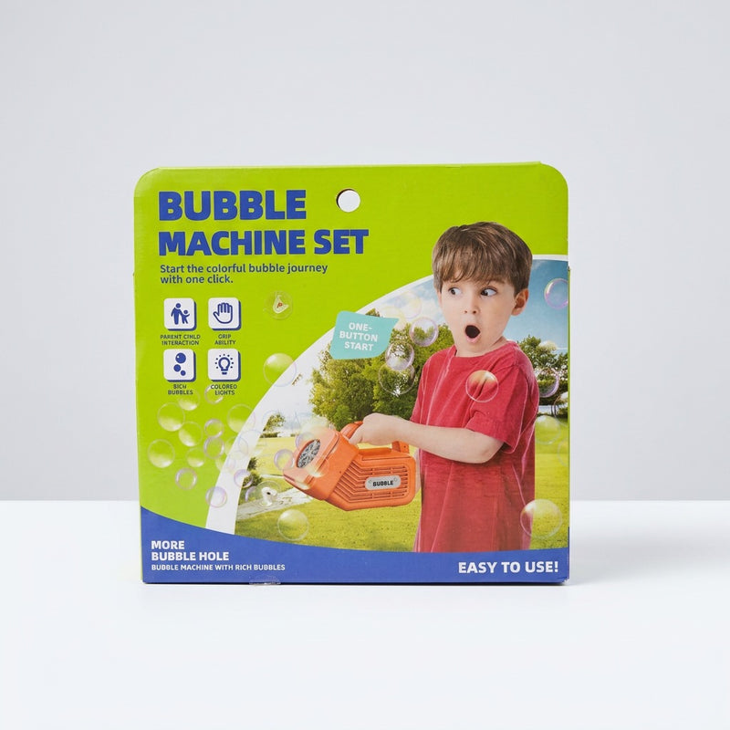 Bubble machine lifted out of the box, carry handle and BUBBLE badge visible