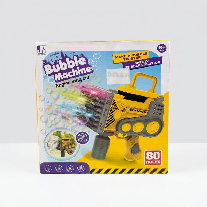 Bubble Machine Engineering Car box front, yellow digger-style bubble gun with the 80 holes badge