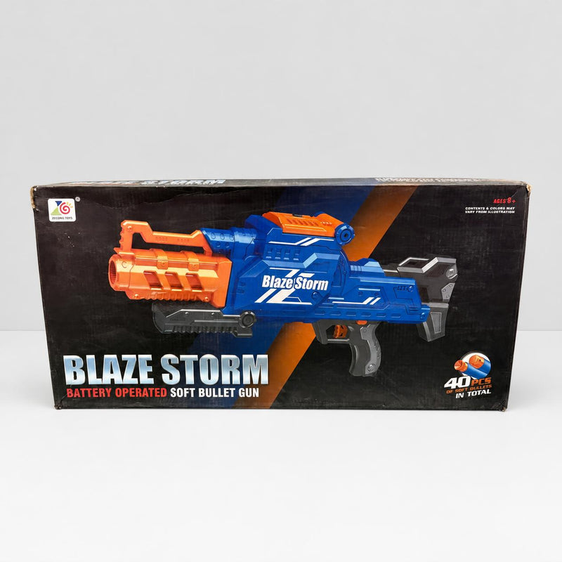 Blaze Storm soft bullet gun box front, blue and orange blaster with the 40-bullet badge
