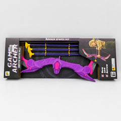 Purple Archer Sports Set in its box, bow and three arrows with yellow suction cups
