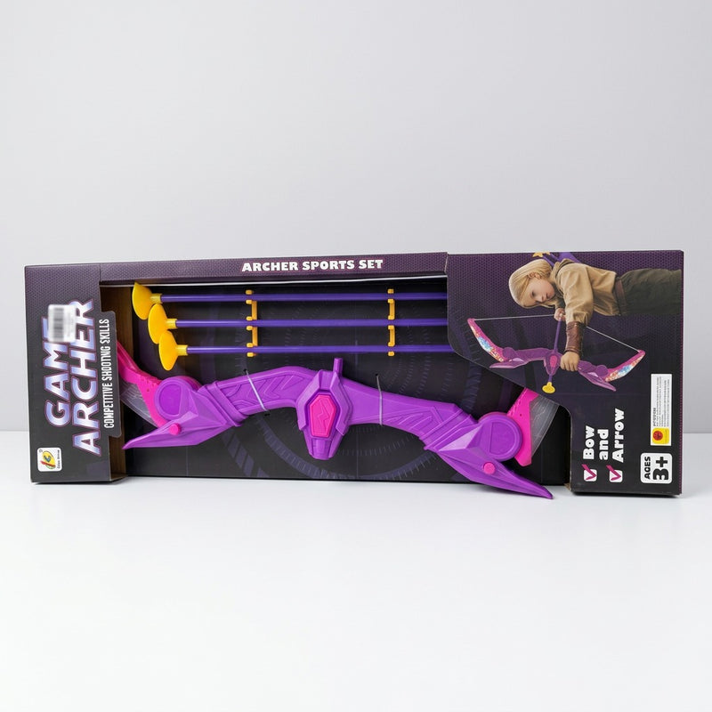 The same box stood on edge, showing the Bow and Arrow ticks and the AGES 3+ badge