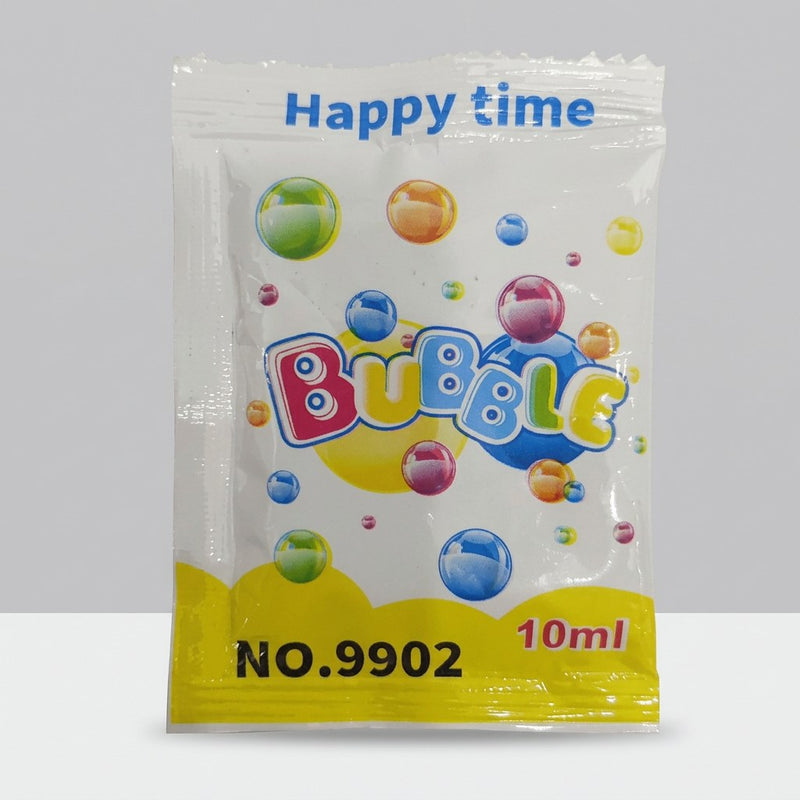 Happy Time bubble solution pouch, printed NO.9902, 10ml, blue bubble design on white and yellow