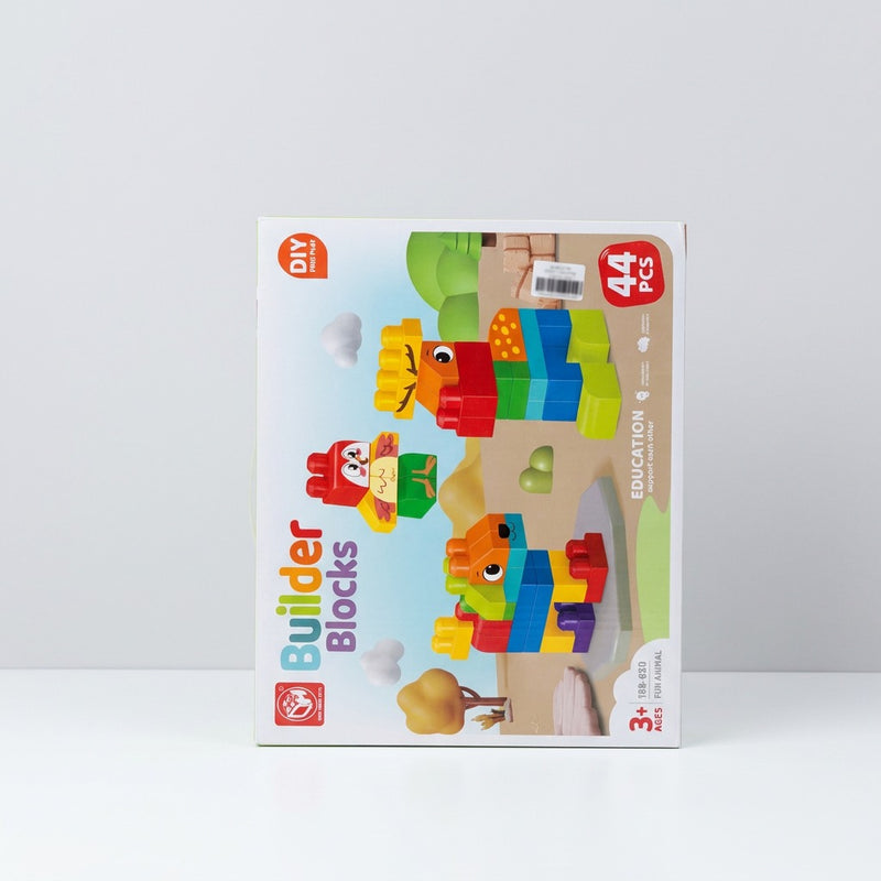 Builder Blocks box front, 44-piece set, showing owl and rooster block builds and the 3+ age mark