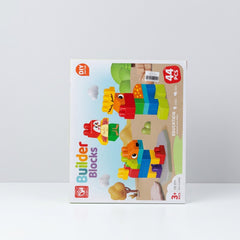 Builder Blocks box front, 44-piece set, showing owl and rooster block builds and the 3+ age mark