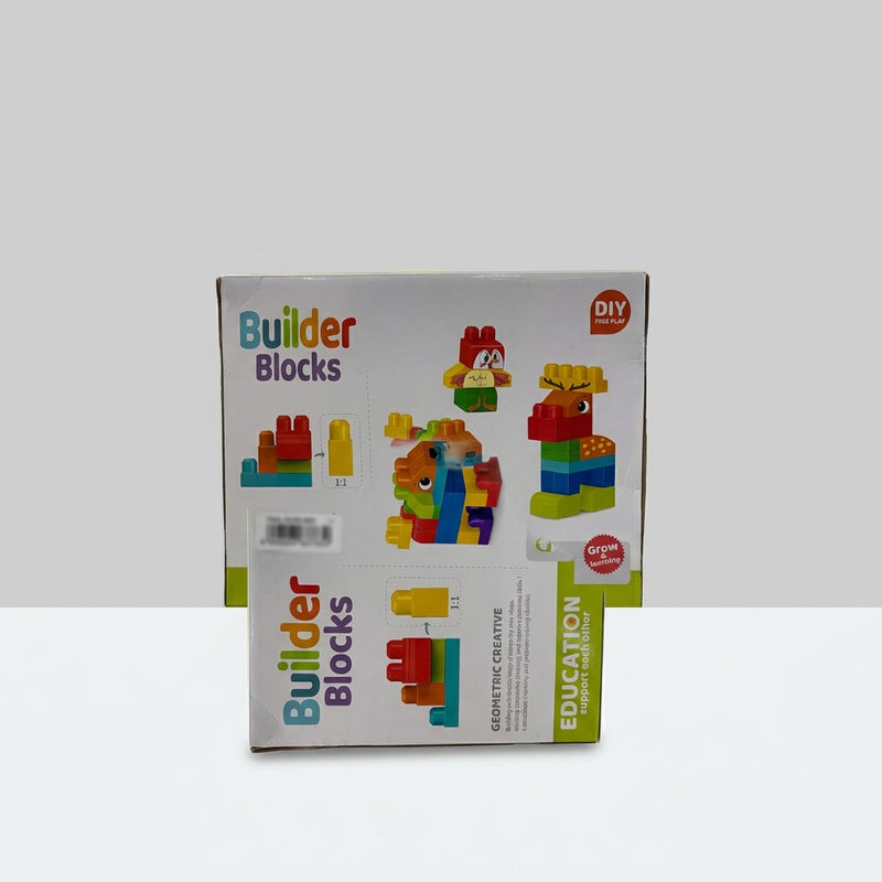 Builder Blocks box back, showing a single block at actual size and finished deer and bird block builds