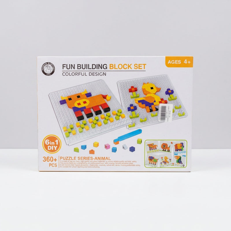 Fun Building Block Set box front showing the cow and duck mosaic designs, ages 4+