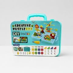 Dinosaur Creative Puzzle Box front showing the teal case, built dinosaur pattern and twist tool