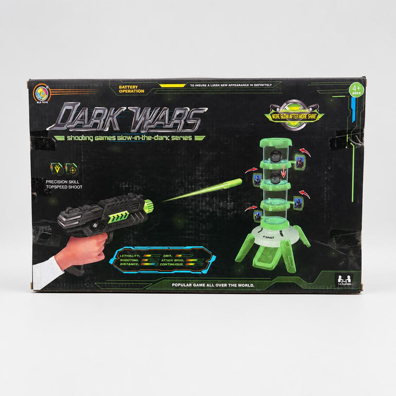 Dark Wars box front showing the gun aimed at the glow-in-the-dark target tower
