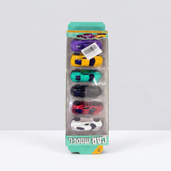 Six 1:64 die-cast cars in their blister pack, white, red, purple, green, yellow and purple