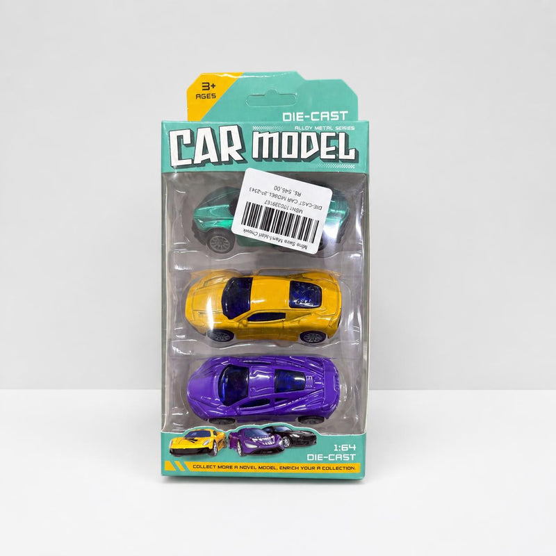 Three 1:64 die-cast cars in their blister pack, green, yellow and purple