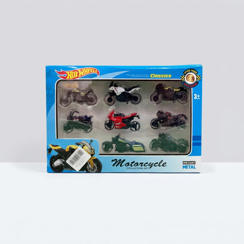 Hot Wheels Motorcycle Collection Set box front with all 9 die-cast bikes in their tray