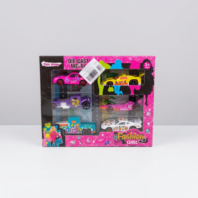 Fashion Girl die-cast car set box front, six cars behind a clear window
