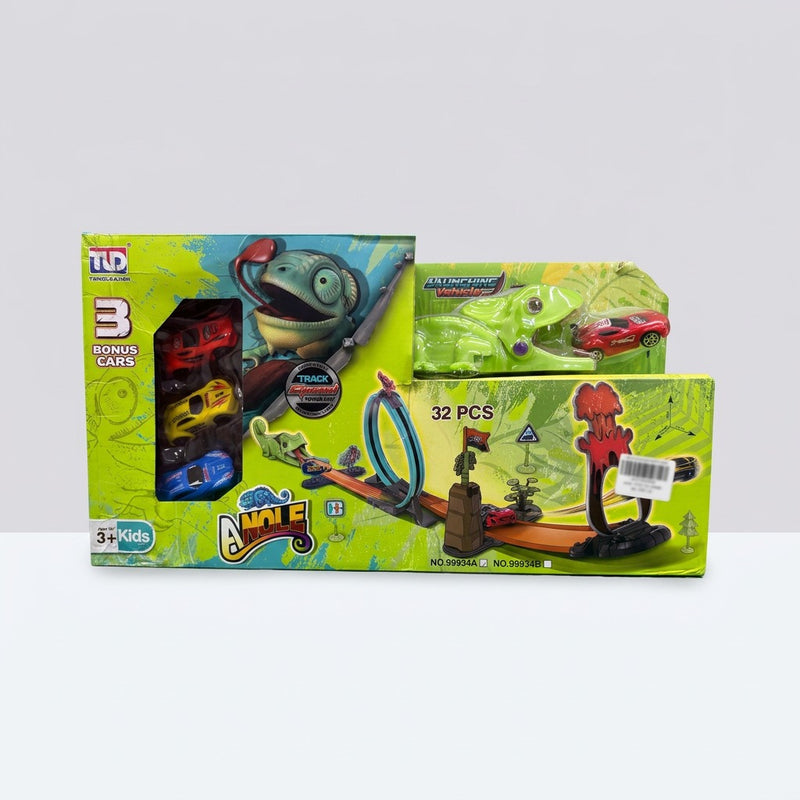 Dino Track Set box front with the chameleon launcher, 3 bonus cars and the loop-and-volcano track