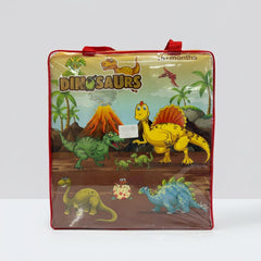Red zip-up dinosaur-print carry bag with tote handles and an 18+ months age label, illustrated with a volcano scene and several dinosaur species