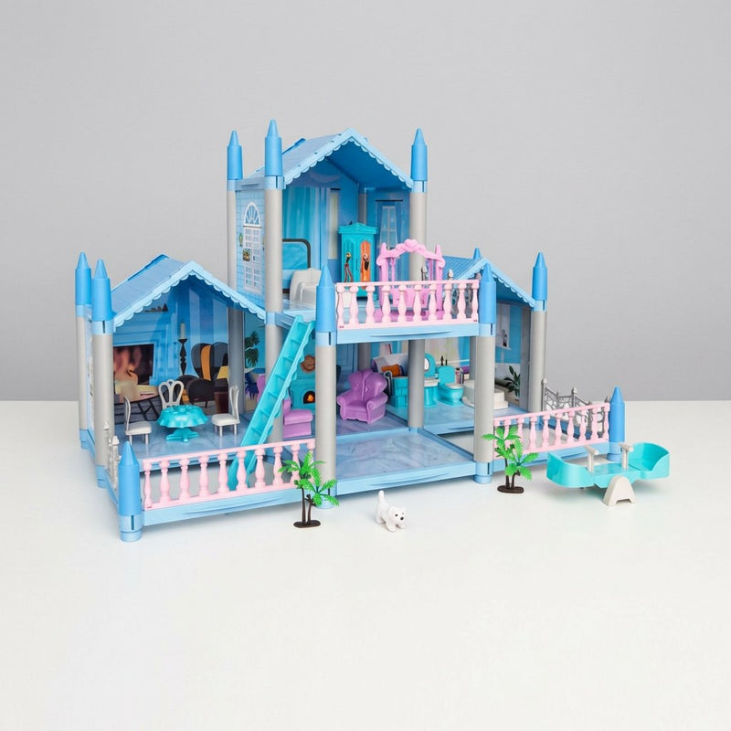 Doll house playset box front, two-storey blue and white house with balcony railings, slide and furnished rooms