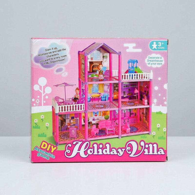 Holiday Villa doll house box front, three-storey pink dollhouse with rooftop balcony, slide and swing, 3+ badge