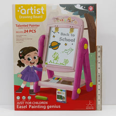 Double-sided drawing board easel box front, pink tripod frame, 24 PCS callout, coloured chalk box