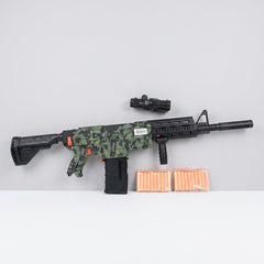 The blaster with its detachable magazine and telescopic stock