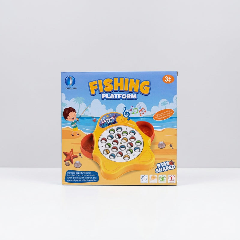 Fishing Platform box front showing the star-shaped yellow base and ring of fish
