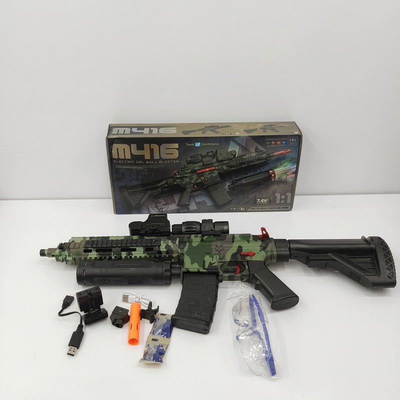 M416 electric gel ball blaster box front, camo print, 14+ badge and 1:1 scale