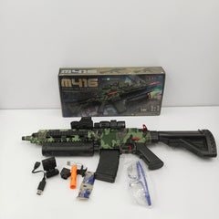 M416 electric gel ball blaster box front, camo print, 14+ badge and 1:1 scale