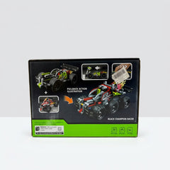 Green pull-back race buggy building-block box, back panel showing the pull-back action illustration and a separate companion set (item 3422), not included