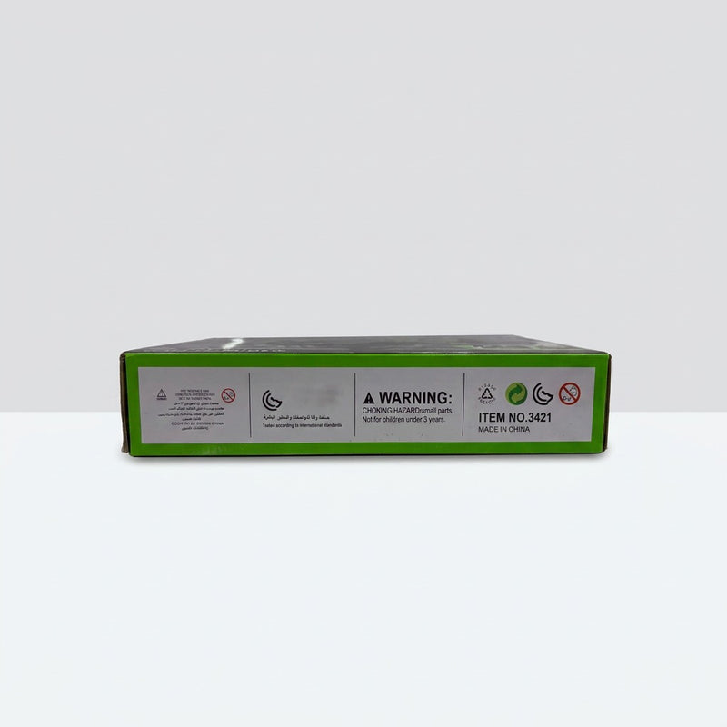 Green pull-back race buggy building-block box, side panel with the choking-hazard warning, item NO.3421, made in China