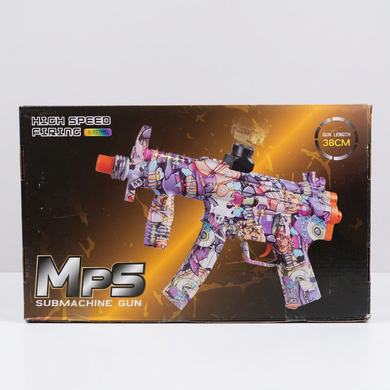 MP5 water gel blaster box front with the purple graffiti gun and the 38CM length mark