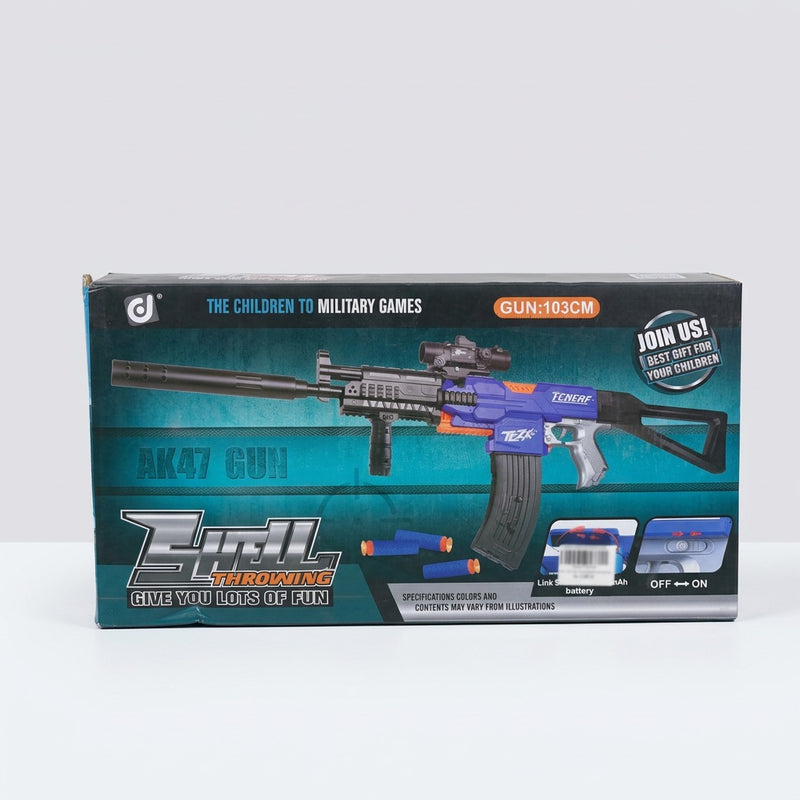 AK47 Gun box front showing the assembled blue rifle and the 103CM marking