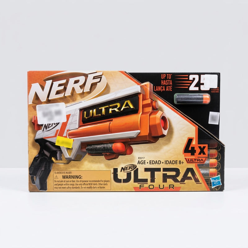 NERF Ultra Four box front with the 25m badge, the 4x Ultra flash and the AGE 8+ line