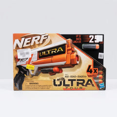 NERF Ultra Four box front with the 25m badge, the 4x Ultra flash and the AGE 8+ line