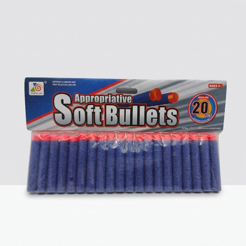Pack of 20 blue foam darts for a toy blaster, shown against its printed card header