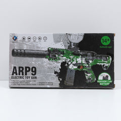 Box front for the ARP9 electric toy gun, camo green/white/black colourway with a long ribbed barrel