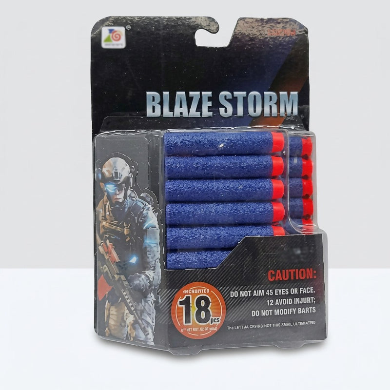 Pack of 18 blue foam darts for a toy blaster, shown in its blister pack on a Blaze Storm printed card
