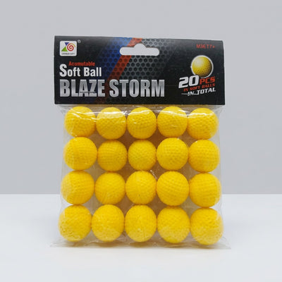 Pack of 20 yellow textured foam balls for a round-ball toy blaster, shown against its Blaze Storm printed card header