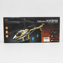 Hawk XK912 box front, gold and silver helicopter with the cool lights and USB charging icons