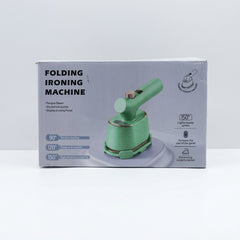 Folding toy iron box front, green pretend-play iron with an angled handle and round base