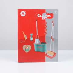 Cleaning kit box front, broom, dustpan, spray bottle, mop and wringer bucket, with a 3+ age badge