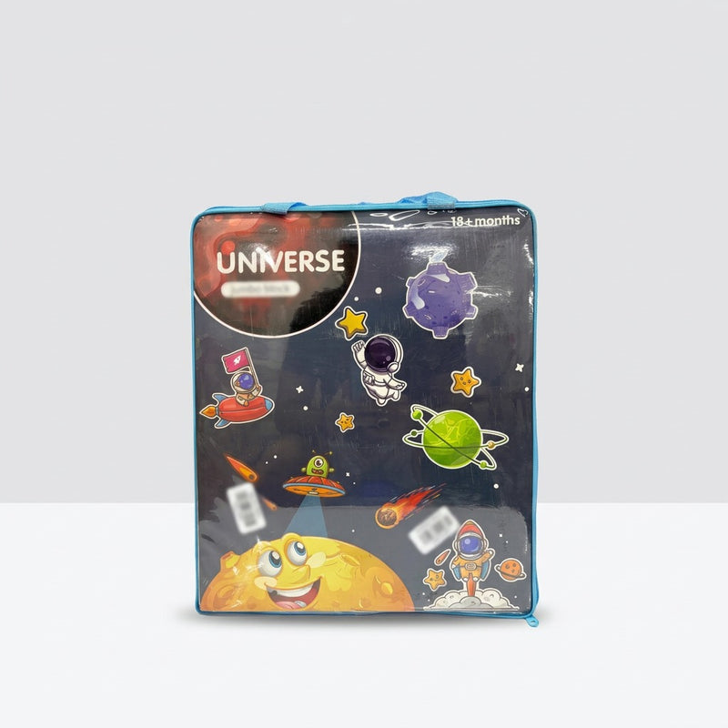 Blue "Universe" space-themed zip bag packaging for jumbo building blocks, printed with an 18+ months age label